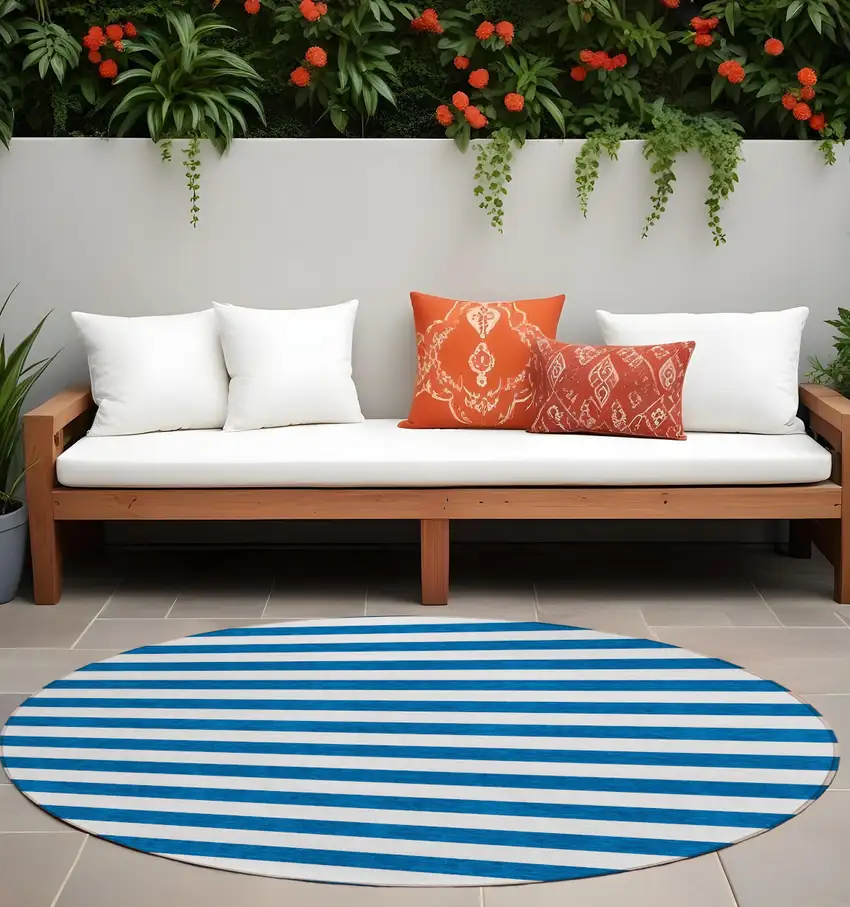 Navy Blue Round Striped Washable Non Skid Indoor Outdoor Area Rug Photo 1