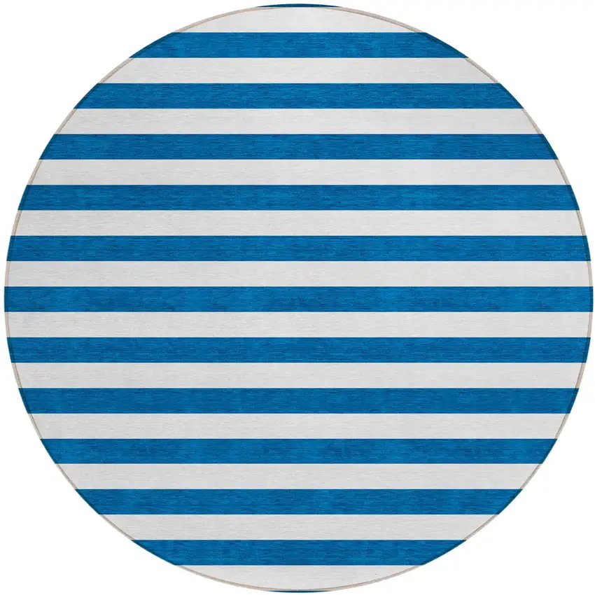 Navy Blue Round Striped Washable Non Skid Indoor Outdoor Area Rug Photo 2