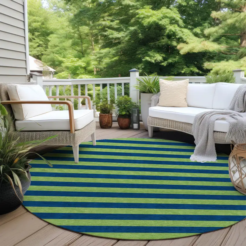 Navy Blue Round Striped Washable Non Skid Indoor Outdoor Area Rug Photo 9