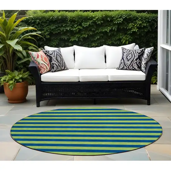Navy Blue Round Striped Washable Non Skid Indoor Outdoor Area Rug Photo 1