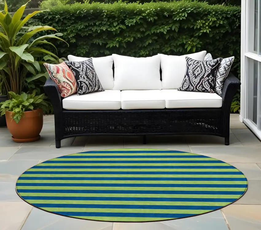 Navy Blue Round Striped Washable Non Skid Indoor Outdoor Area Rug Photo 1