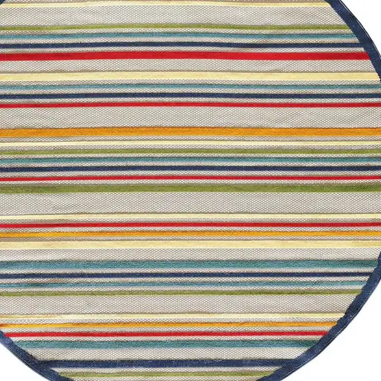 Ivory And Blue Round Striped Stain Resistant Indoor Outdoor Area Rug Photo 3