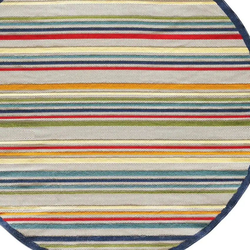 Ivory And Blue Round Striped Stain Resistant Indoor Outdoor Area Rug Photo 3
