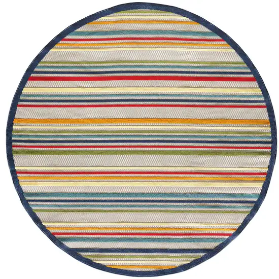 8' Round Navy Colorful Striped Indoor Outdoor Area Rug Photo 1