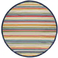 Photo of 8' Round Navy Colorful Striped Indoor Outdoor Area Rug