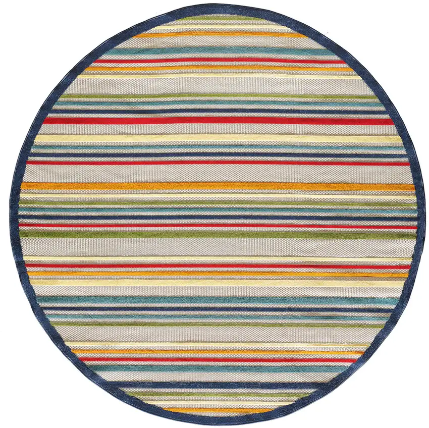 8' Round Navy Colorful Striped Indoor Outdoor Area Rug Photo 1