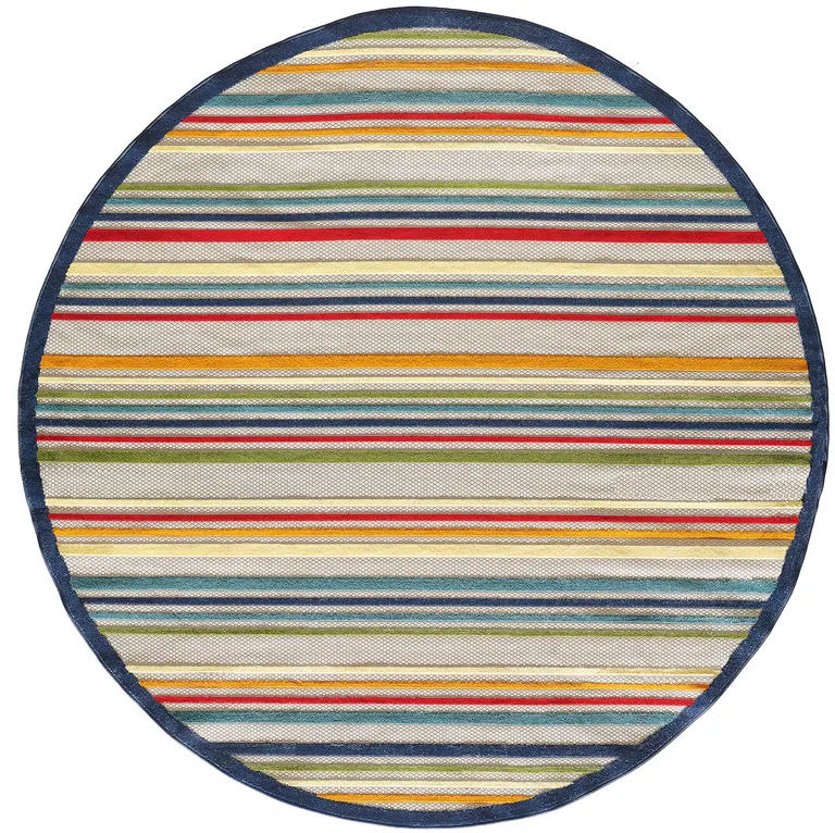 8' Round Navy Colorful Striped Indoor Outdoor Area Rug Photo 1