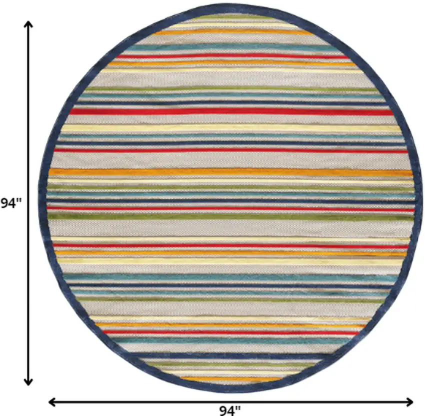 8' Round Navy Colorful Striped Indoor Outdoor Area Rug Photo 2