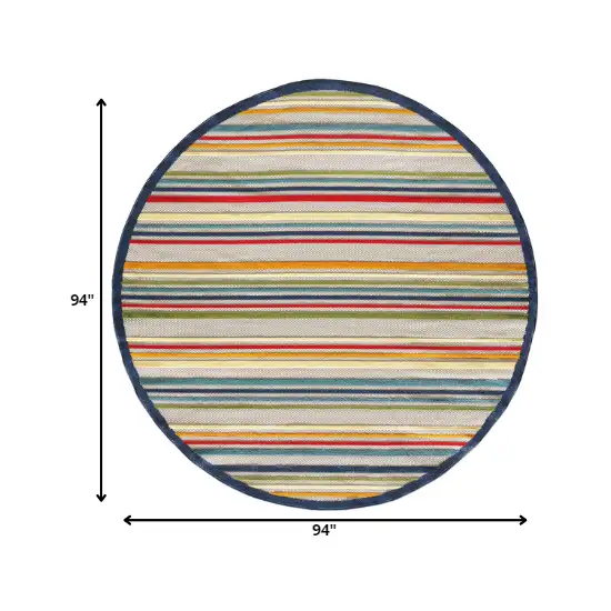 8' Round Navy Colorful Striped Indoor Outdoor Area Rug Photo 2