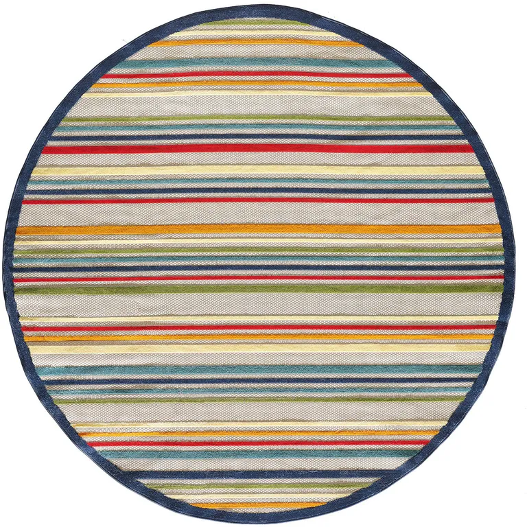 8' Round Navy Colorful Striped Indoor Outdoor Area Rug Photo 4
