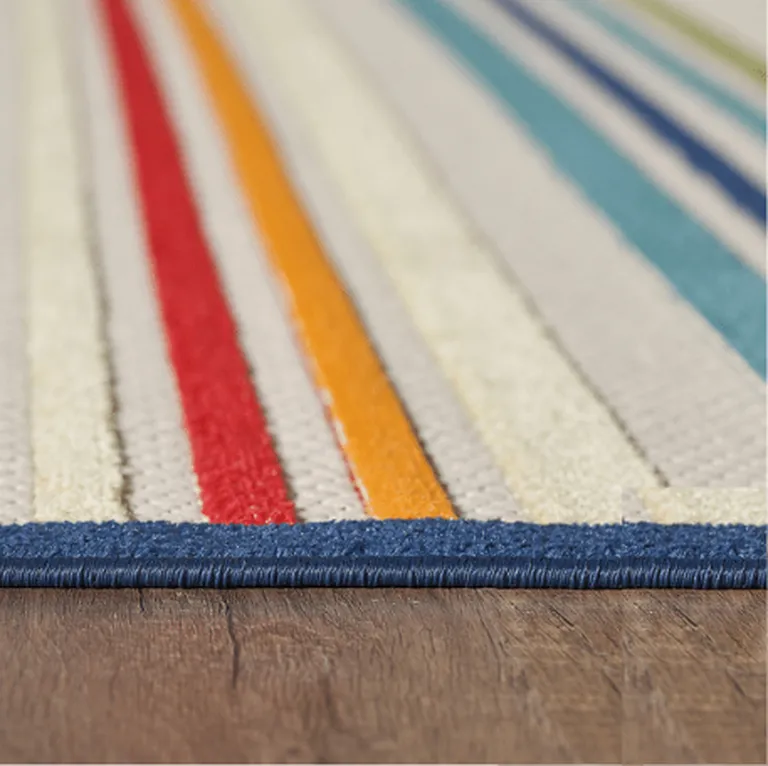 8' Round Navy Colorful Striped Indoor Outdoor Area Rug Photo 3