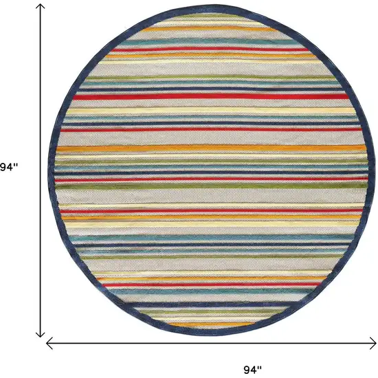 Ivory And Blue Round Striped Stain Resistant Indoor Outdoor Area Rug Photo 5