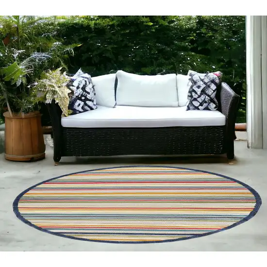 Ivory And Blue Round Striped Stain Resistant Indoor Outdoor Area Rug Photo 1