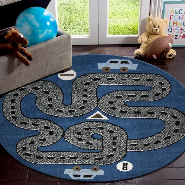 5' Round Navy Imaginative Racetrack Area Rug Photo 2