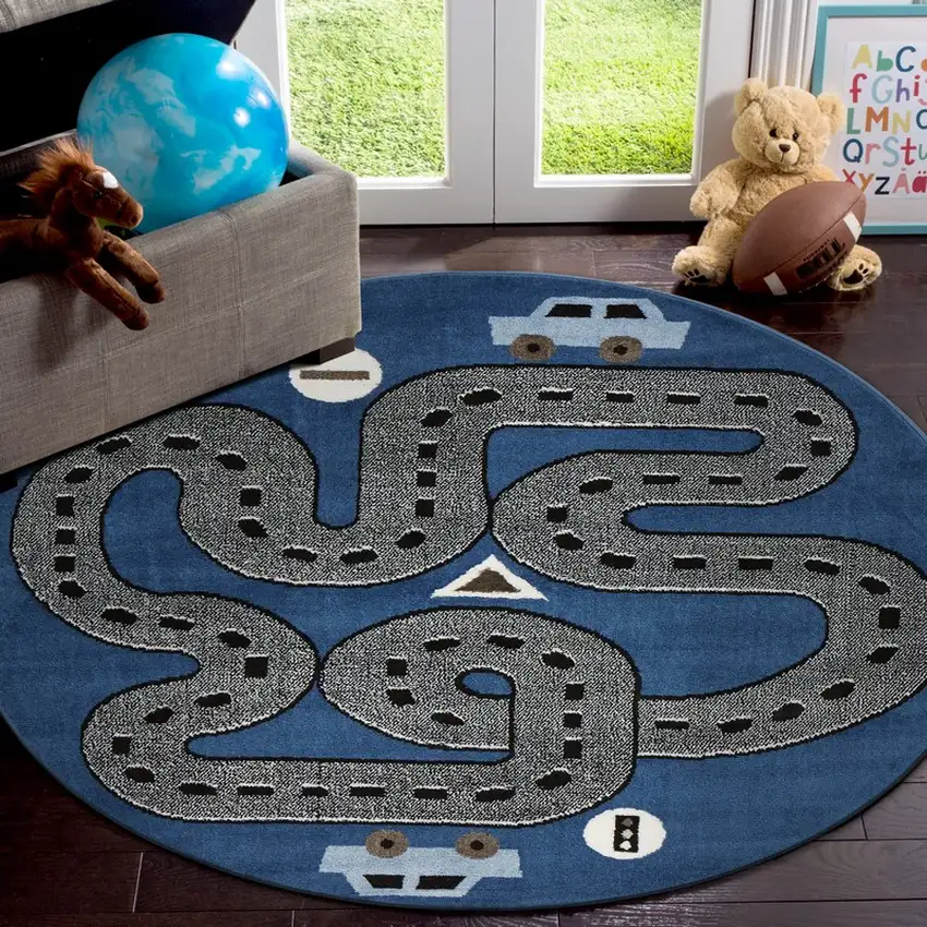 5' Round Navy Imaginative Racetrack Area Rug Photo 8