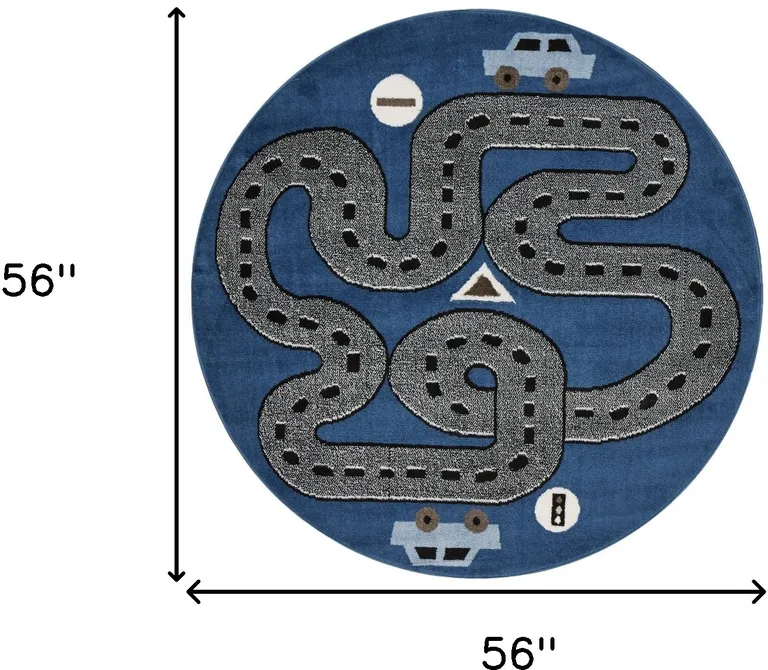 5' Round Navy Imaginative Racetrack Area Rug Photo 5