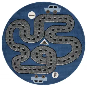 Photo of 5' Round Navy Imaginative Racetrack Area Rug