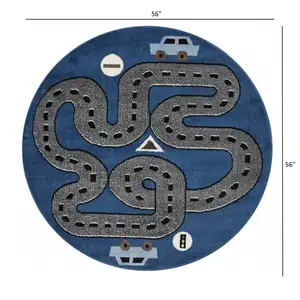 Photo of 5' Round Navy Imaginative Racetrack Area Rug