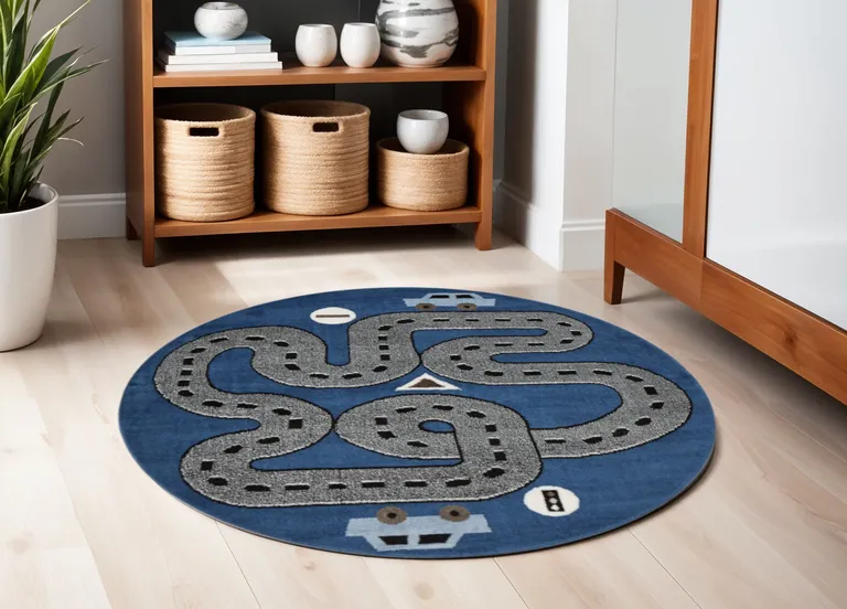 5' Round Navy Imaginative Racetrack Area Rug Photo 3