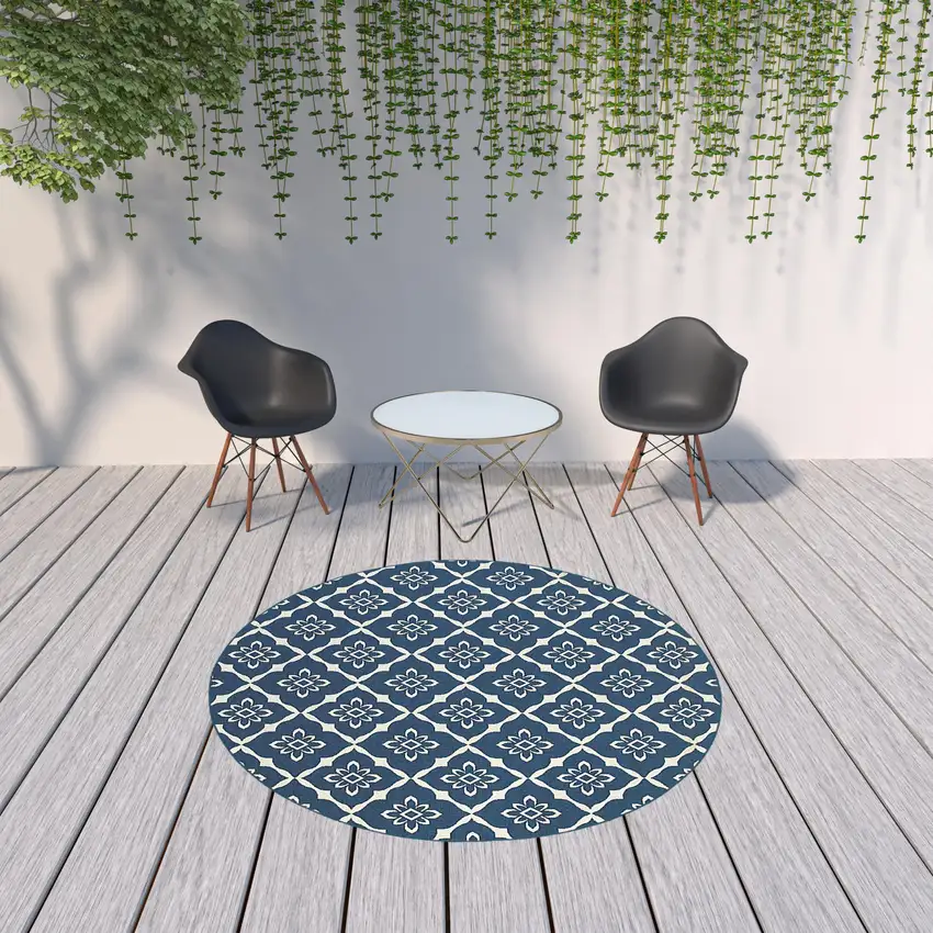 8' Round Navy Round Floral Stain Resistant Indoor Outdoor Area Rug Photo 2