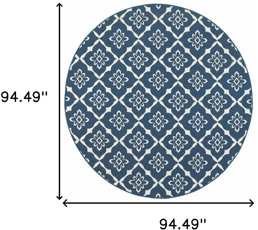8' Round Navy Round Floral Stain Resistant Indoor Outdoor Area Rug Photo 5