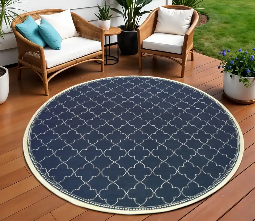 Blue and Ivory Round Geometric Stain Resistant Indoor Outdoor Area Rug Photo 1