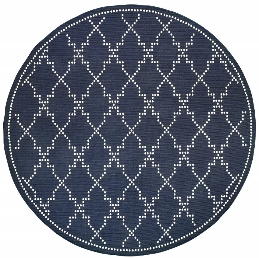 8' Round Navy Round Geometric Stain Resistant Indoor Outdoor Area Rug Photo 1