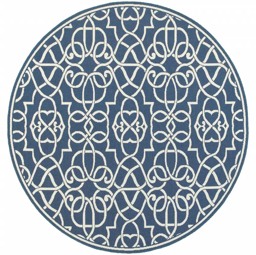 8' Round Navy Round Geometric Stain Resistant Indoor Outdoor Area Rug Photo 1