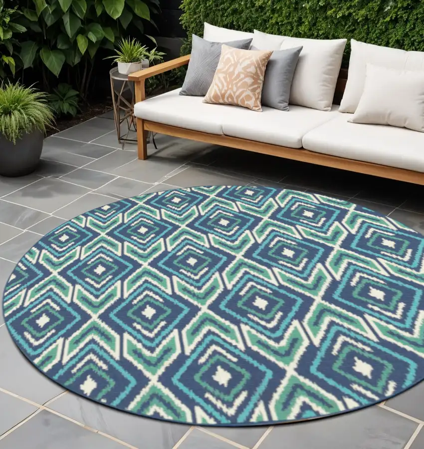 Blue and Ivory Round Geometric Stain Resistant Indoor Outdoor Area Rug Photo 1