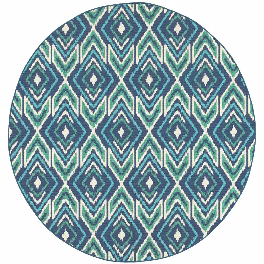 8' Round Navy Round Geometric Stain Resistant Indoor Outdoor Area Rug Photo 1