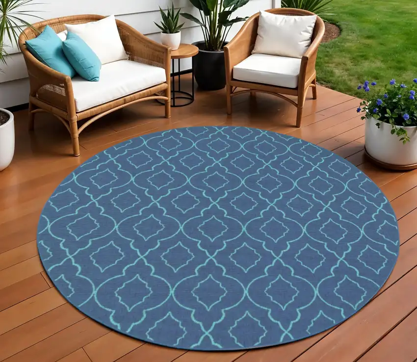 Blue Round Geometric Stain Resistant Indoor Outdoor Area Rug Photo 1