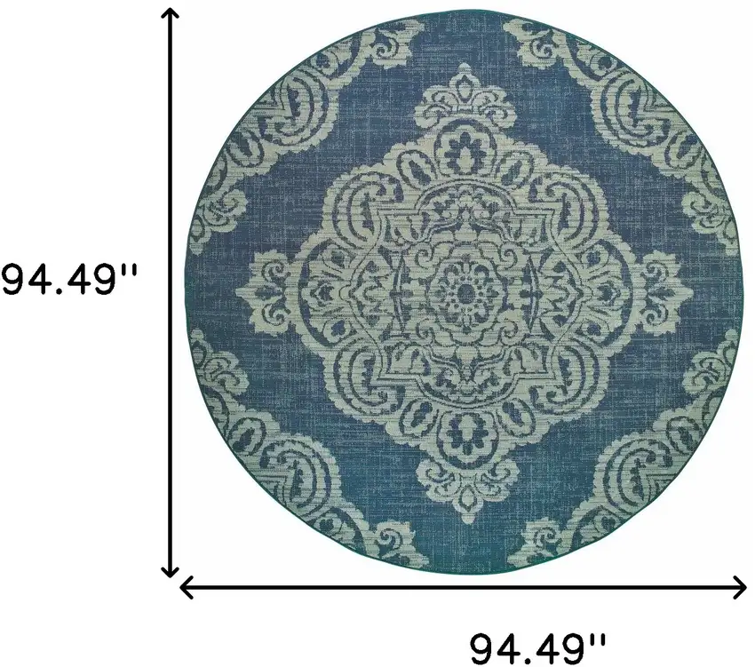 8' Round Navy Round Oriental Stain Resistant Indoor Outdoor Area Rug Photo 5