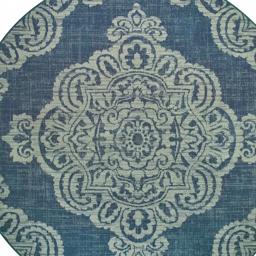 8' Round Navy Round Oriental Stain Resistant Indoor Outdoor Area Rug Photo 3