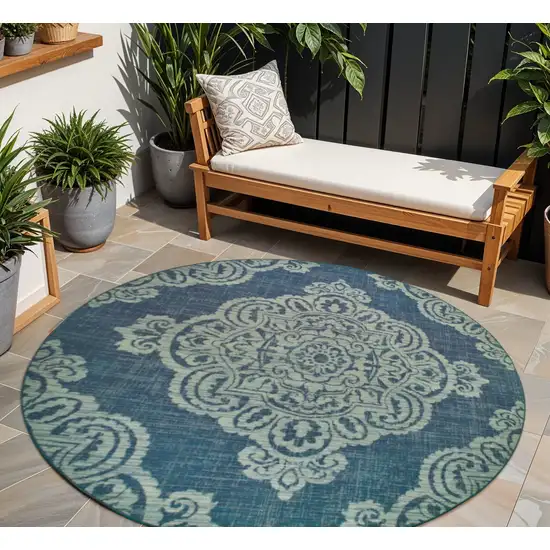 Blue Round Oriental Stain Resistant Indoor Outdoor Area Rug Photo 1