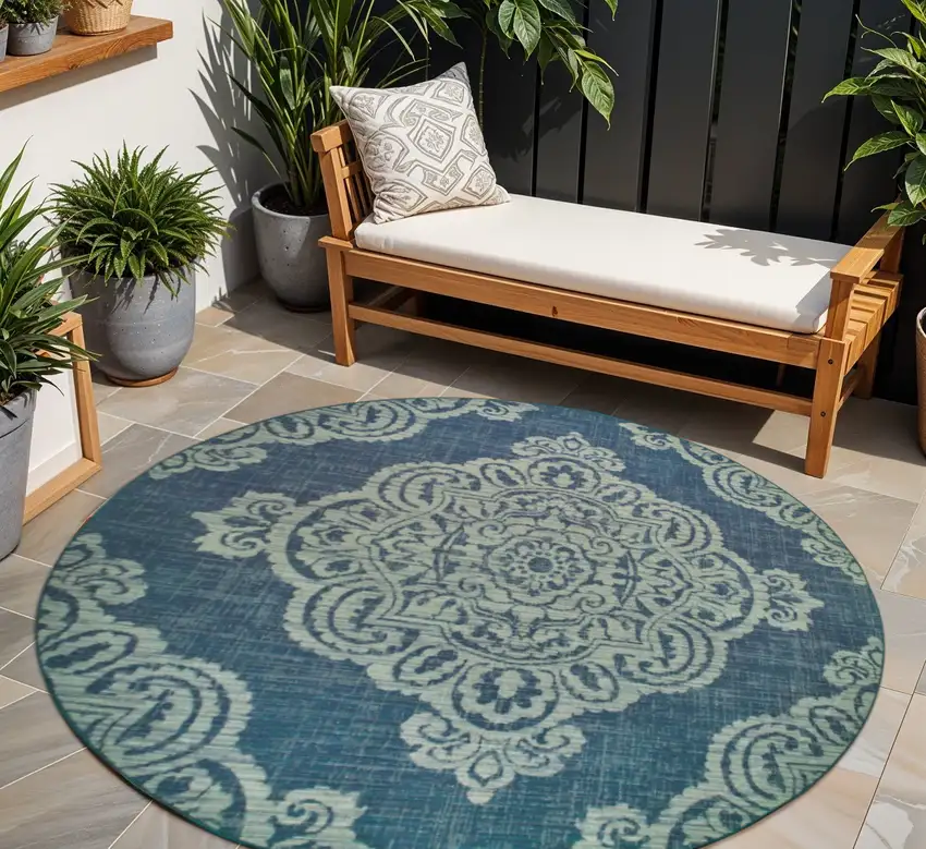 Blue Round Oriental Stain Resistant Indoor Outdoor Area Rug Photo 1
