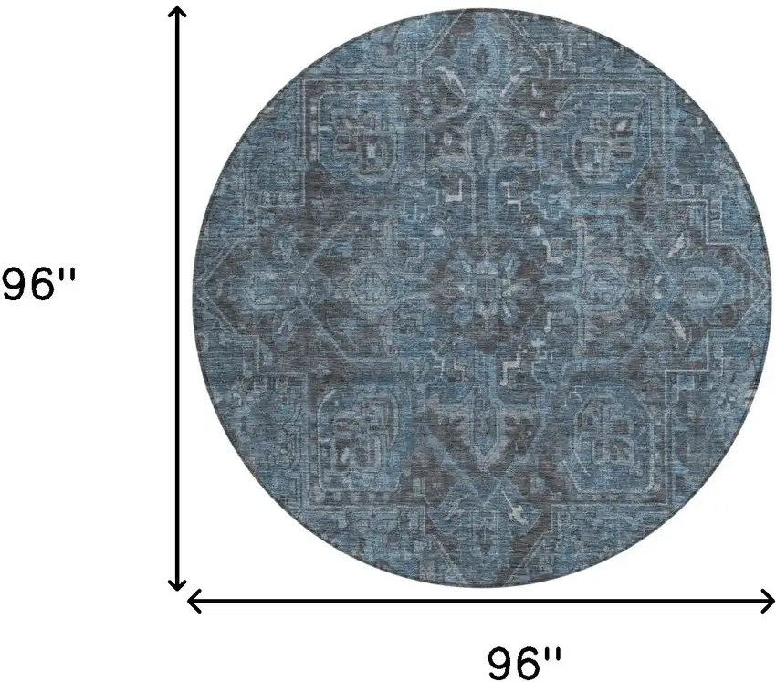 Navy and Black Round Oriental Washable Non Skid Indoor Outdoor Area Rug Photo 3