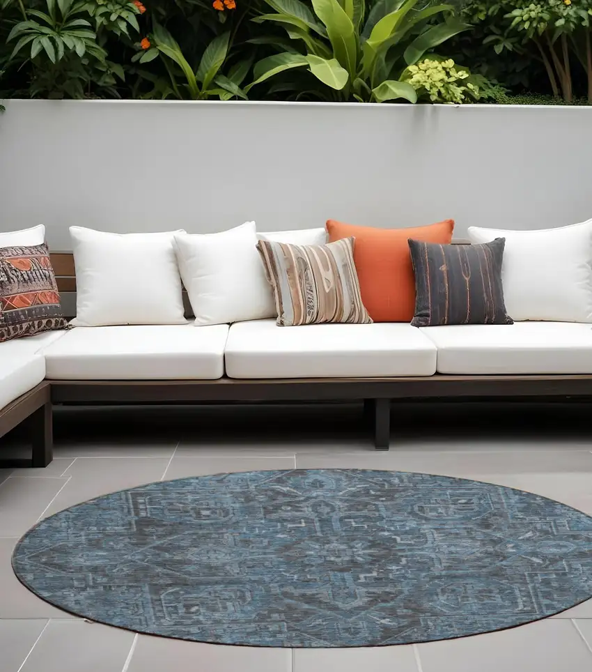 8' Round Navy and Black Round Oriental Washable Non Skid Indoor Outdoor Area Rug Photo 1