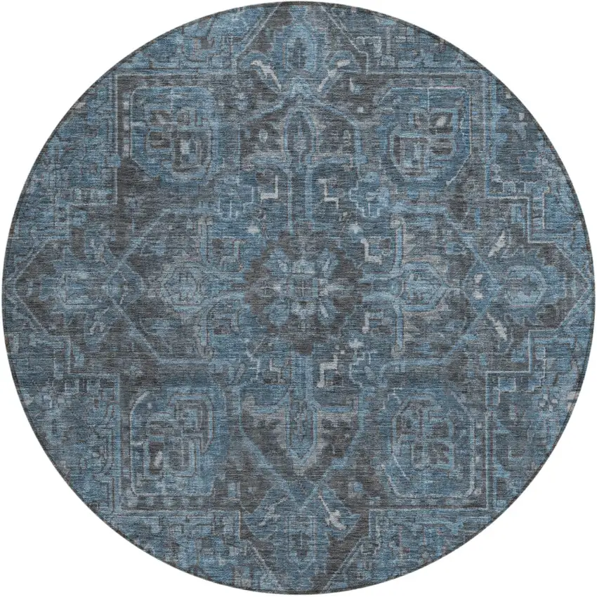 Navy and Black Round Oriental Washable Non Skid Indoor Outdoor Area Rug Photo 2