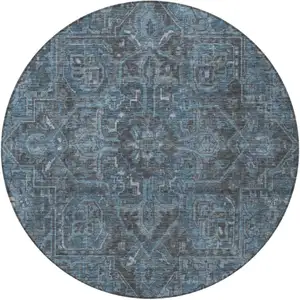 Photo of 8' Round Navy and Black Round Oriental Washable Non Skid Indoor Outdoor Area Rug