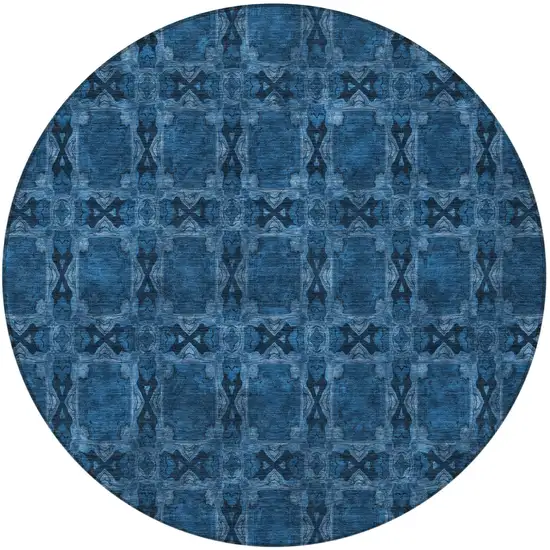 8' Round Navy and Gray Round Floral Medallion Washable Non Skid Indoor Outdoor Area Rug Photo 5