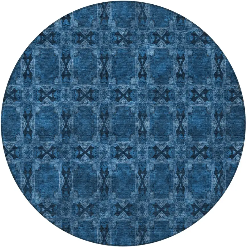 8' Round Navy and Gray Round Floral Medallion Washable Non Skid Indoor Outdoor Area Rug Photo 5