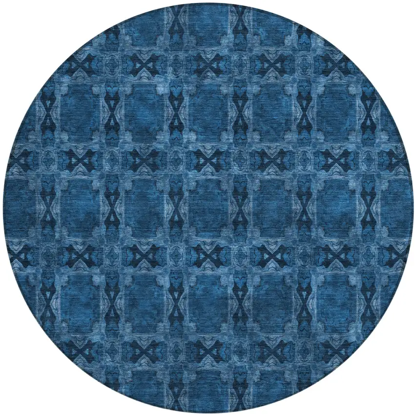 Navy and Gray Round Floral Medallion Washable Non Skid Indoor Outdoor Area Rug Photo 2