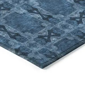 Photo of 8' Round Navy and Gray Round Floral Medallion Washable Non Skid Indoor Outdoor Area Rug