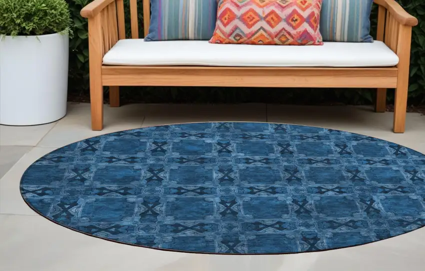 Navy and Gray Round Floral Medallion Washable Non Skid Indoor Outdoor Area Rug Photo 1