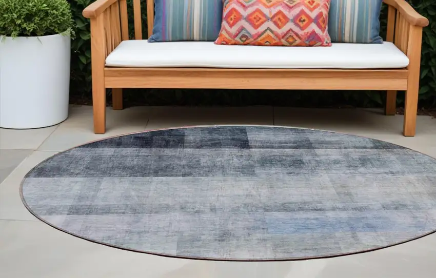 8' Round Navy and Gray Round Ombre Washable Non Skid Indoor Outdoor Area Rug Photo 1