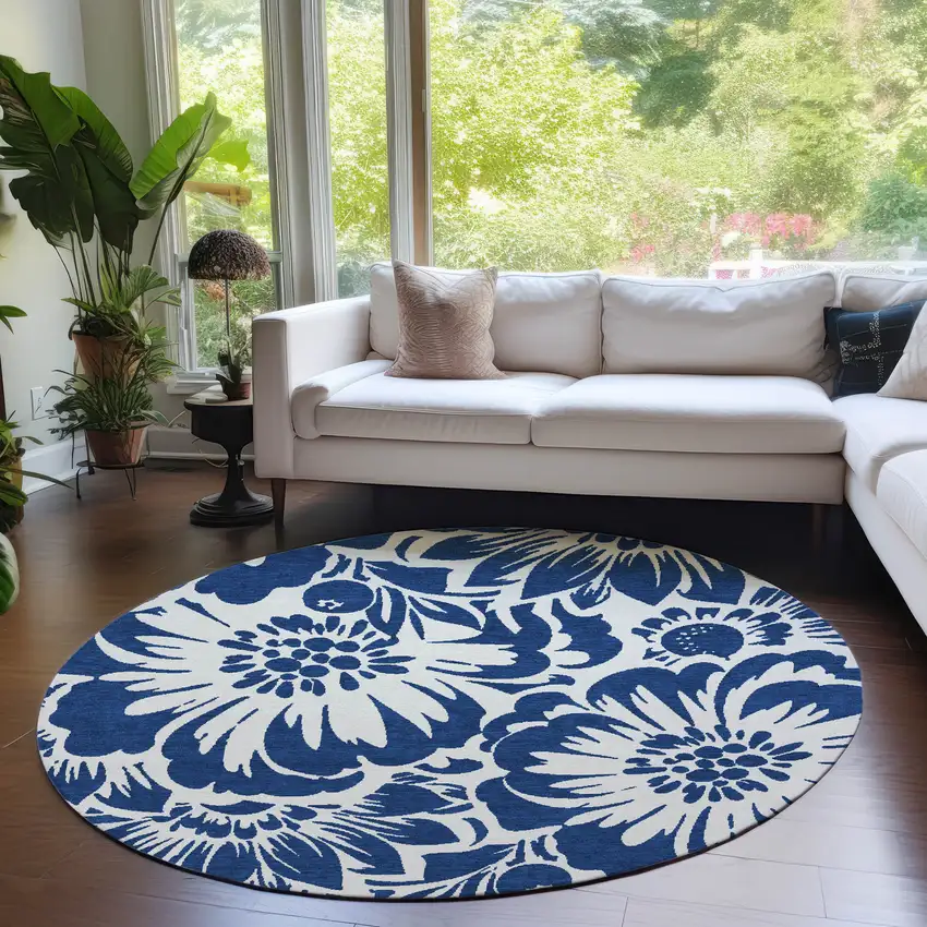 Navy and Ivory Round Floral Washable Non Skid Indoor Outdoor Area Rug Photo 9