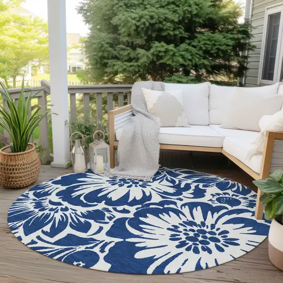 Navy and Ivory Round Floral Washable Non Skid Indoor Outdoor Area Rug Photo 8