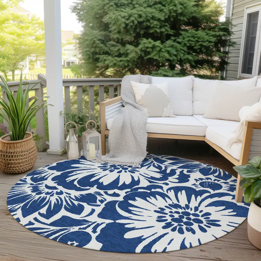 Navy and Ivory Round Floral Washable Non Skid Indoor Outdoor Area Rug Photo 8