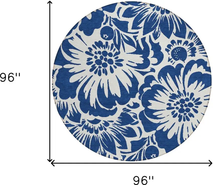 Navy and Ivory Round Floral Washable Non Skid Indoor Outdoor Area Rug Photo 3