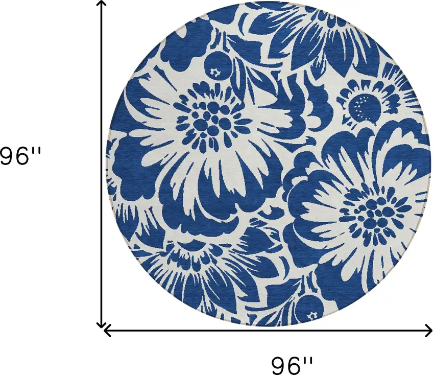 Navy and Ivory Round Floral Washable Non Skid Indoor Outdoor Area Rug Photo 3